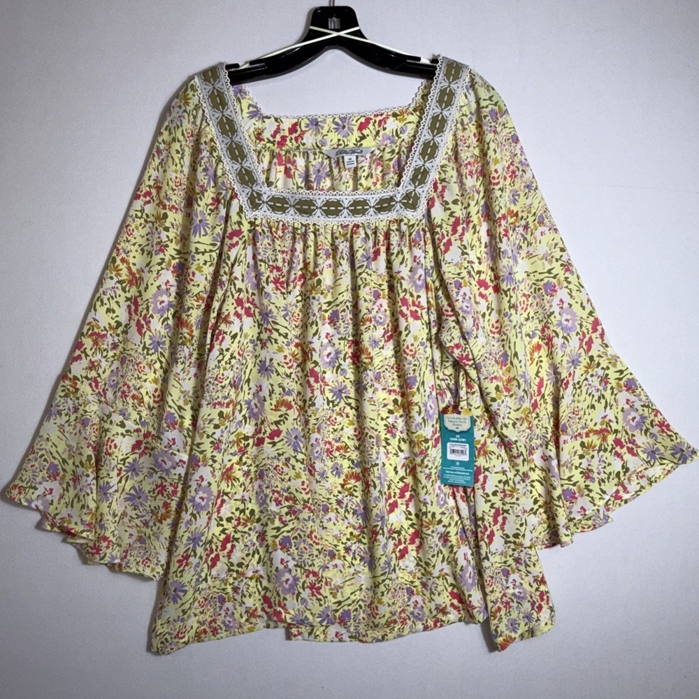 The Pioneer Women 2x Boho Floral Square Neck 3/4 Flutter Sleeve‎ Blouse Cottage
